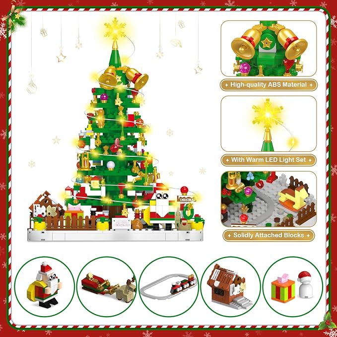 Advent Calendar 2025 Adult 1088 Pieces Christmas Tree Building Kit with Led Light 24 Days Christmas Countdown Christmas Tree Building Toy Set Ideal Xmas Gift Toy for Teen Boy