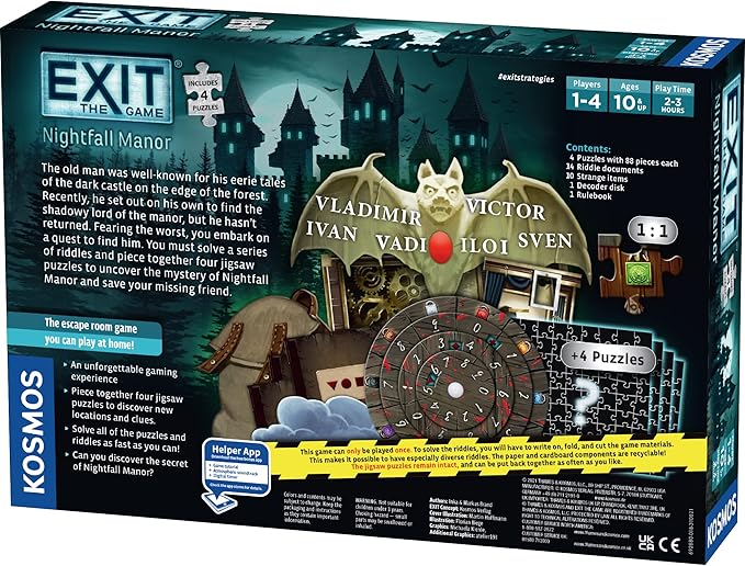 EXIT: Nightfall Manor (with Jigsaw Puzzles) | EXIT: The Game – A Kosmos Game | Family-Friendly Jigsaw Puzzle-Based at-Home Escape Room Experience | Collaborative Game | for 1 to 4 Players Ages 10+