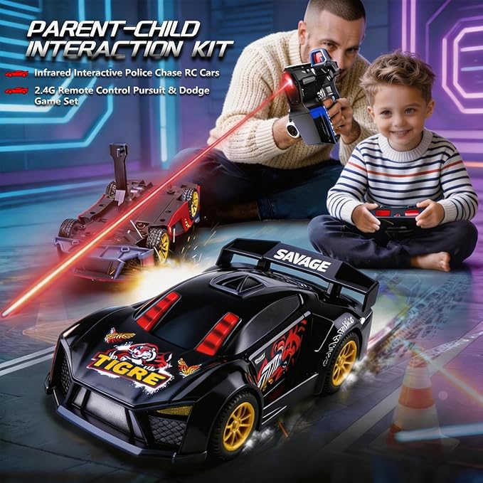 3-in-1 RC Drift Car — Sports/Racing 2-Player Battle Set with Infrared Gun Shooting &amp Flip Effects 60-Min Playtime Family-Friendly 2.4GHz Remote Control Car Toy for Kids Ages 6+ (Black)