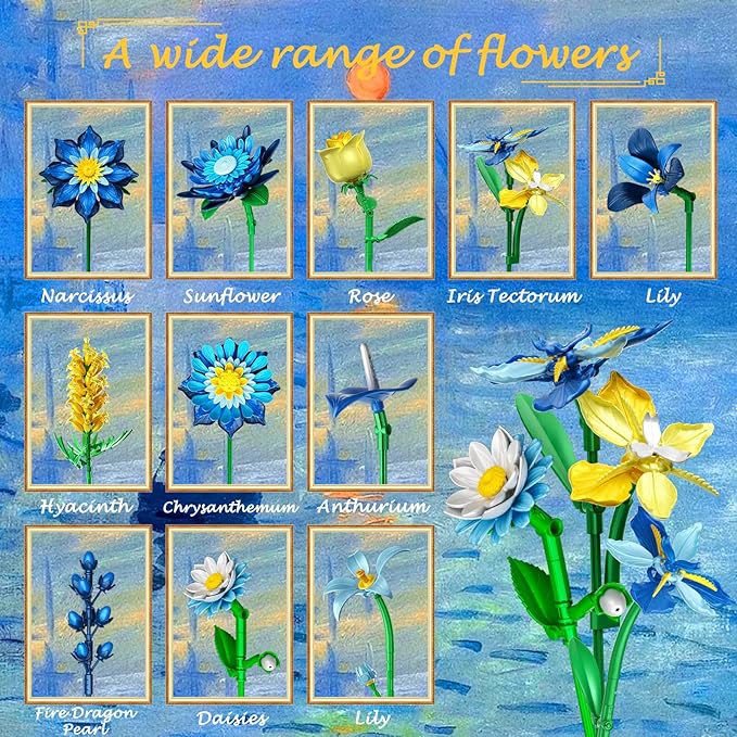 Glacia Daisy Flower Bouquet Building Kit Art-Inspired Ice Blue Floral Arrangement with Premium Blocks Eternal DIY Flower Decor for Home for Christmas Day Building Set for Adults &amp Kids