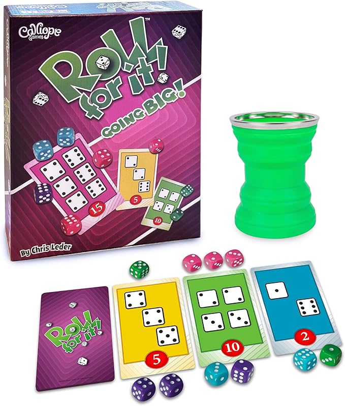 Calliope Games Roll for It Going Big - Fast-Playing Family Dice Game with Big Oversized Cards and Dice Retirement Party Games Fun Family Games for Travel Parties and Game Night - Purple Edition