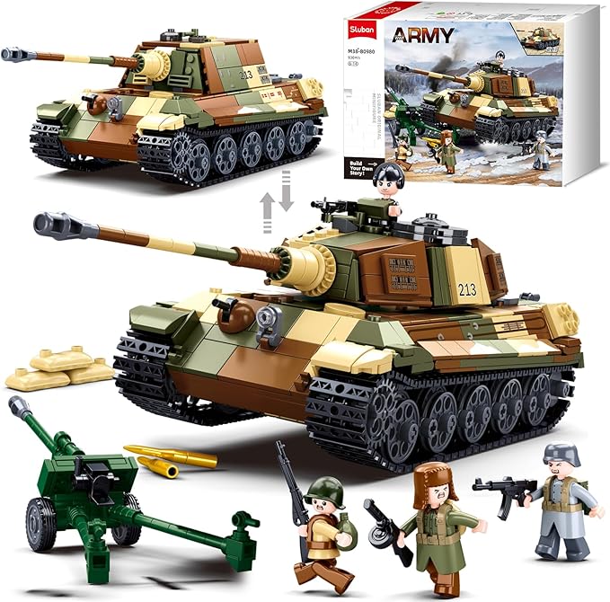 Sluban WW2 Tiger II Army Tank Building Kit Set Military Model Toys with 4 Soldier Figures Gifts for 6-12 Years Kids Old Army Toys Compatible with Lego Tank 930 PCS