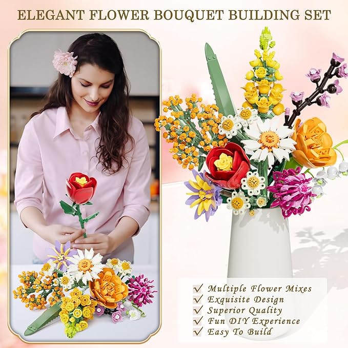 Flowers Bouquet Building Set 1070PCS Wildflower Botanical Collection Artificial Plant Flower Kit Toy for Adults Kids Women Her Home Decor Gift for Birthday Christmas Valentines(No Vase)