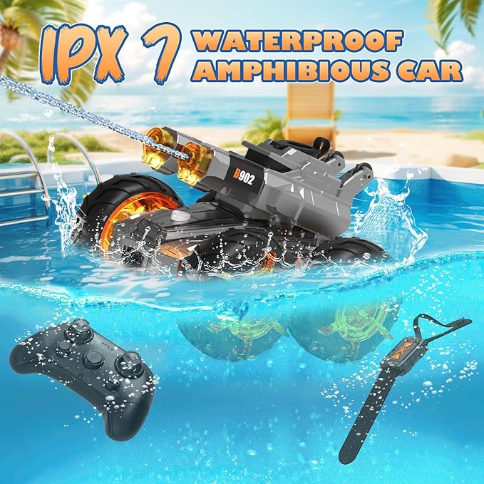 Waterproof Remote Control Car with Water GunRechargeable Amphibious Rc Car BoatsGesture Sensing RC Stunt Cars Drive on WaterOutdoor Indoor Pool Toys for KidsBirthday Gifts for Boys Girls Teens 8+