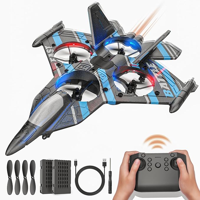 BEZGAR RC Plane | 2.4GHZ Remote Control Airplane RC Helicopter 360° Flip Fighter Jet Toy Toys for ages 8-13 with Colorful LED Navigation Lights Blue