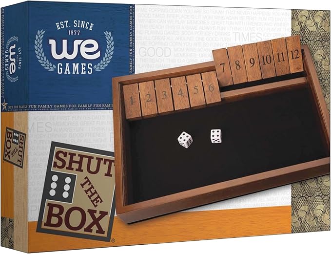 WE Games Wooden Shut The Box - Close The Box Set with 12 Number Tiles &amp 2 Dice Games - 13.5” Walnut Stained Finish