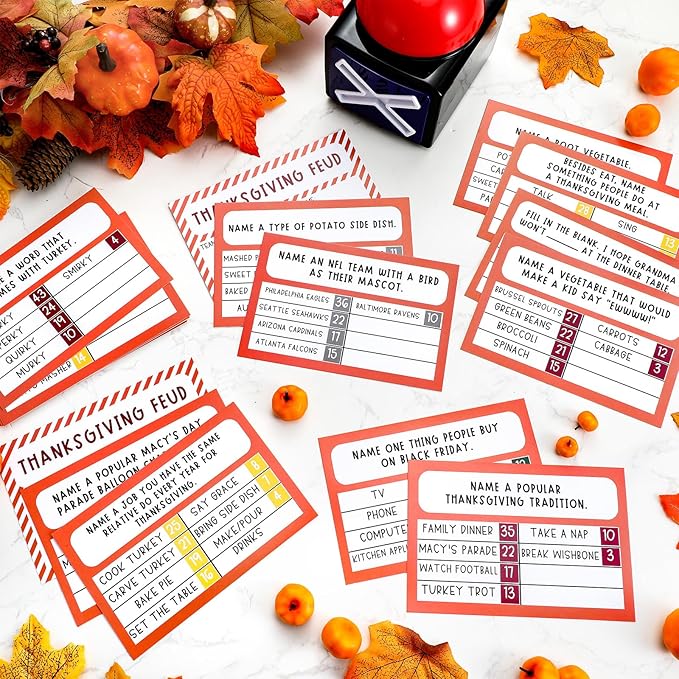 Syhood Thanksgiving Friendly Feud Card Game with 2 Answer Buzzers Friendsgiving Trivia Quiz Game for Family Party Night Activities for Adults Office Large Group and Team Building