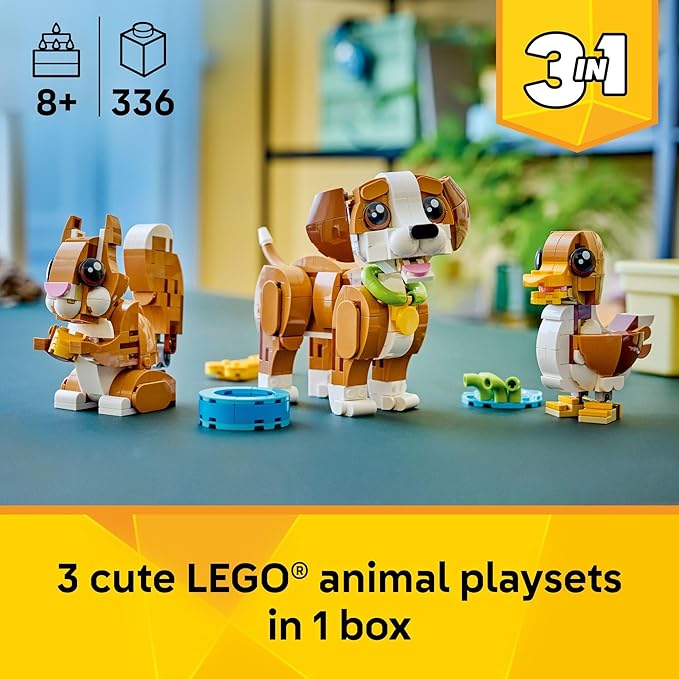 LEGO Creator 3 in 1 Cute Animals: Playful Puppy Dog Building Toy - Bedroom Decor for Girls &amp Boys Ages 8+ - Gift for Birthdays - Build a Dog Squirrel or Duck - 31382