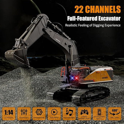 20.4 Inch 22 Channels Remote Control Excavator Truck 1/14 Scale Metal Shovel Independent Arms RC Digging Machine Metal Alloy Construction Vehicles Toy for 14y+ Beginners