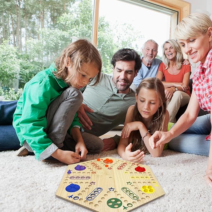 Wooden Wahoo &amp Board Game – Double-Sided Painted Fast Track Game for 4 to 6 Players with 30 Marbles and 6 Dice Ideal for Family Game Night and Friends Gatherings (Wooden)