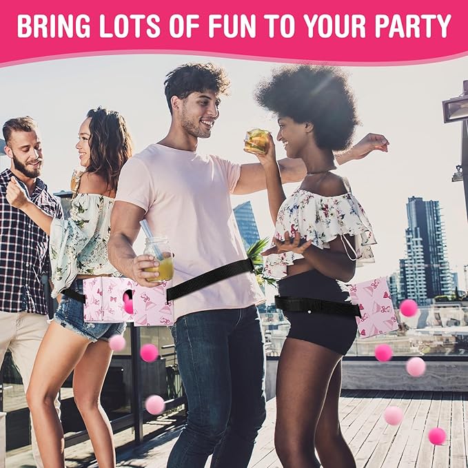 Yaomiao 4 Pack Bachelorette Party Shaking Swing Balls Game Set Includes 4 Set Strap Shake Box and 80 Balls for Birthday Bachelorette Bridal Shower Table Tennis Game(Pink BowPink)