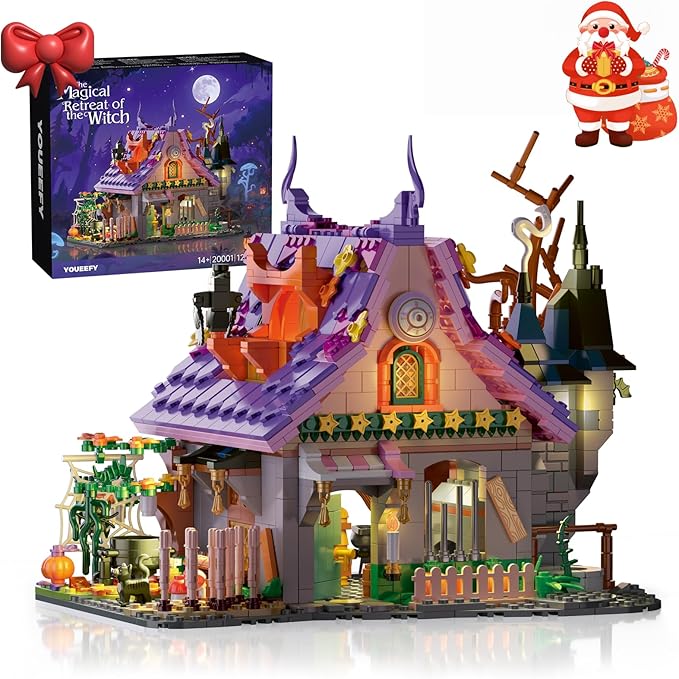 Magic House Set for Witches and Witches Building Set with Lights Over 1200 Halloween Haunted House Building Blocks for Kids and Adults 14 Halloween and Christmas (The Magical Retreat of The Witch)