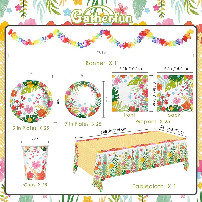 Tropical Luau Party Supplies Kit for 25 - Aloha Hawaiian Party Decorations with Disposable Paper Plates Napkins Cups Tablecloth and Banner | BBQs &amp Summer party