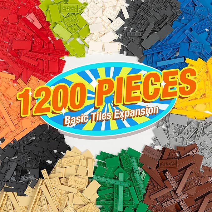 1200 Pieces Flat Pieces 9 Sizes Classic Moc Parts and Pieces Tiles Expansion Set - Compatible with All Major Brands Building Bricks Bulks for Smooth Surface 12 Colors