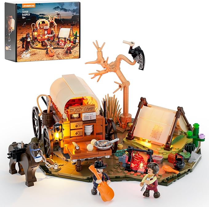 Cowboy Camp Lighting Building-Bricks Set - The Old West Shelter with Covered Wagon and Horse 542 Pcs Collection Display Set for Adults and West Lovers