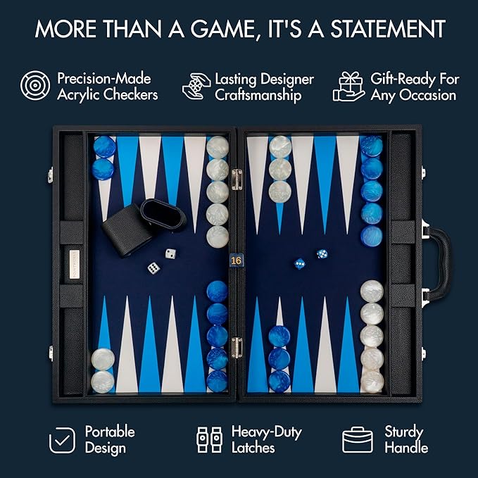 19 Inch Premium Backgammon Sets for Adults Leather Black - Blue. Premium 1.6 Inch Checkers &amp Dice Set Travel Backgammon Set Large Backgammon Board Game Backgammon Game Set