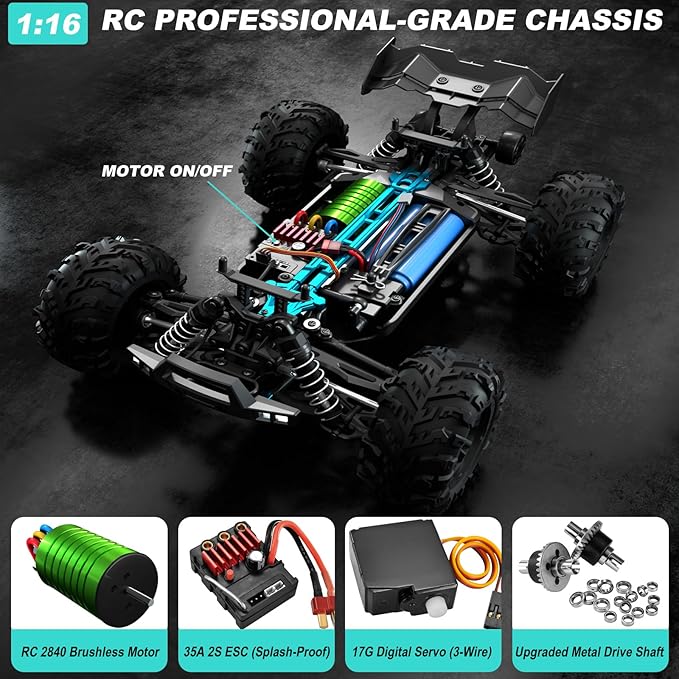 1:16 Scale Brushless RC Car for Adults 45+ MPH High Speed 4WD Waterproof Off-Road All-Terrain RC Truck with 2 Batteries &amp 2.4GHz Controller (1:16 Scale Brushless)