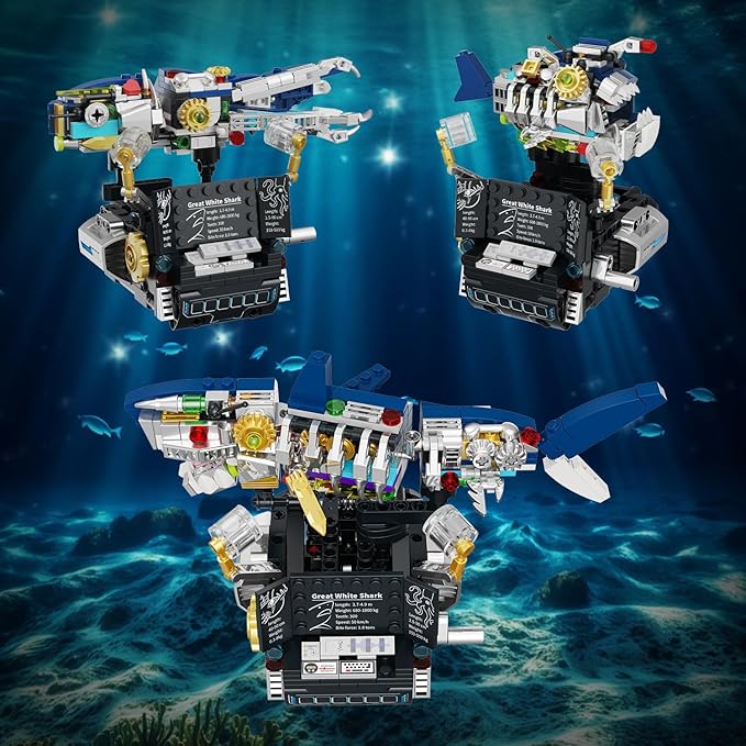 Mechanical Shark 3 in 1 Building Set 423pcs Compatible with Lego Shark Lantern Fish Octopus Models Deep Sea Ocean Kit Interactive Moving Base with Handle Control STEM Educational Toy for Kids 6+