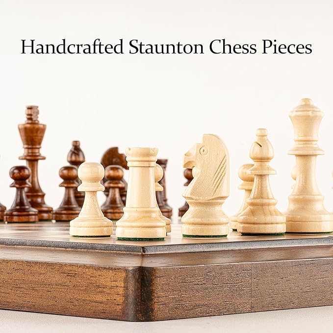 15.5'' Deluxe Solid Wood 3-in-1 Chess Set: Portable Chess Backgammon and Checkers with Hollow Handle Box Folding Board for Travel Suitable for Adults