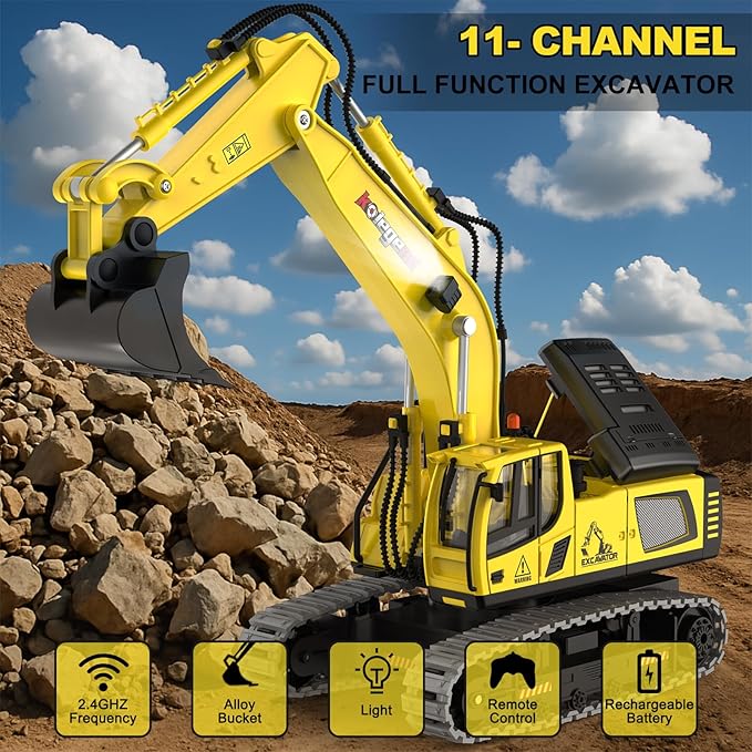 kolegend Remote Control Excavator Toy 16 Inch 11 Channel RC Construction Vehicles Hydraulic Haulers Digger Toys Gift for 6+ Years Old Kids Boys