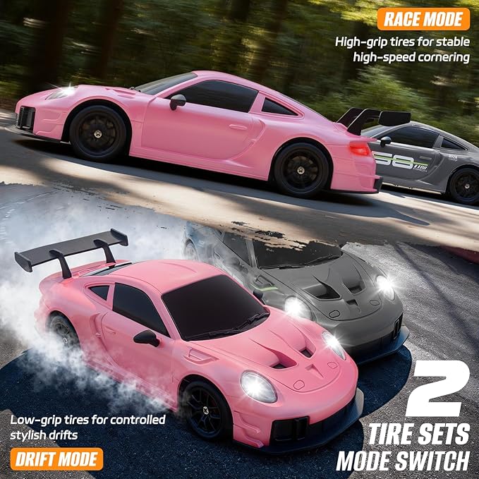 RC Drift Car 1:24 4WD Remote Control Cars Vehicle with LED Light2.4GHz 20KM/H High Speed RC Cars with Two Batteries &amp Drifting Tires Racing Sport Toy for Adults Boys Girls Kids Pink