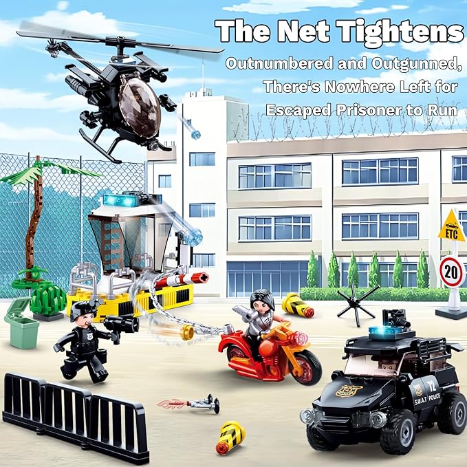 City Police Chase Building Set SWAT Police Building Kit with 4 Minifigures &amp Helicopter &amp Police Truck &amp Motorcycle Compatible with Lego City Police Station Gift for Boys Girls Aged 6+