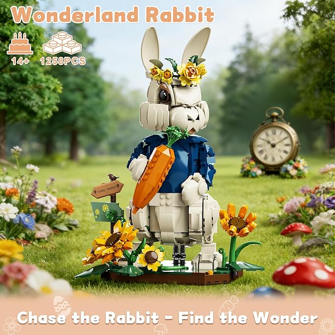 Easter Wonderland Bunny Building Blocks Set Compatible with Lego Easter Creator Cute Rabbit Toys with Carrot &amp Sunflower Display Base Creative Gift for Kids Girls Adults