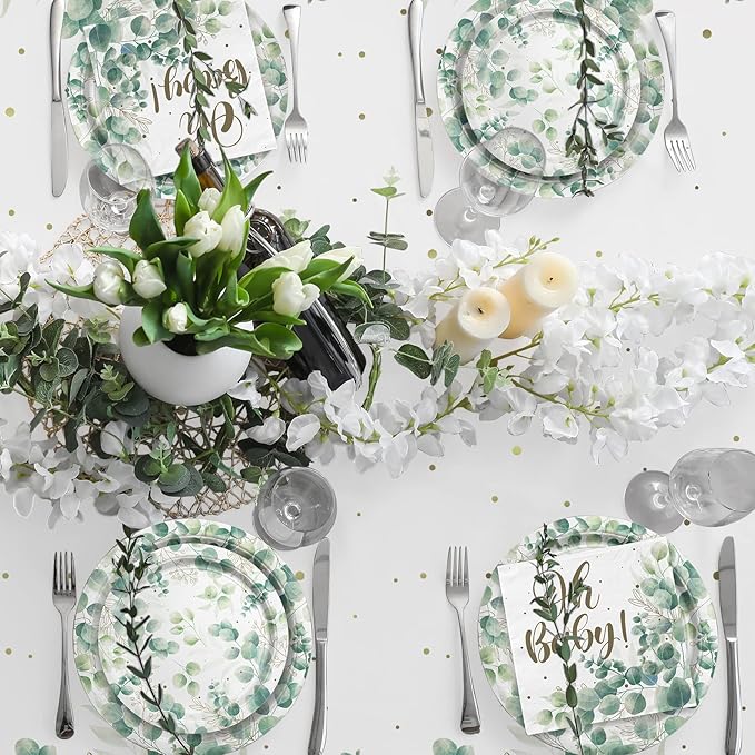 Sage Greenery Baby Shower Party Supplies Disposable Paper Plates Napkins Cups and Tablecloth for Boho Greency Party Decorations Serve 25.