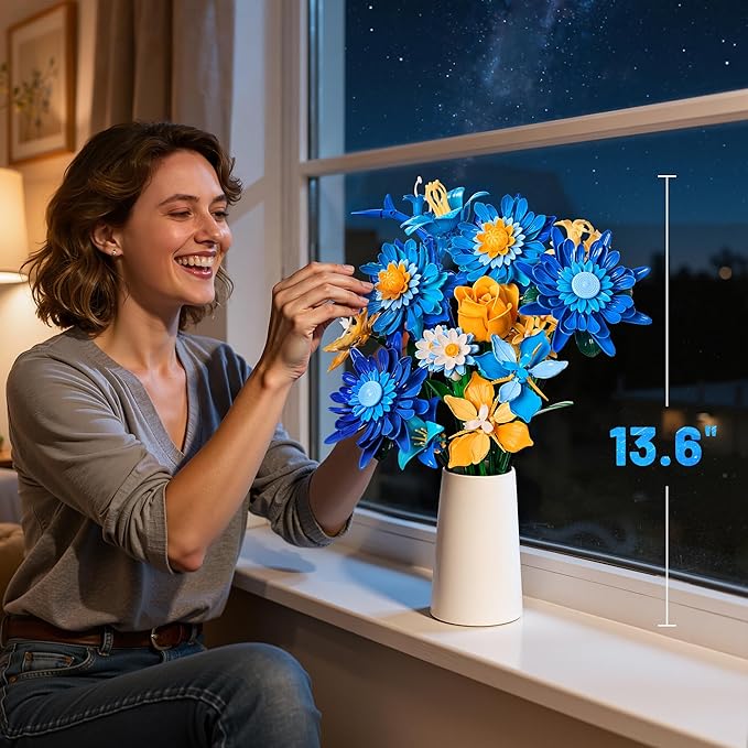 Starry Blooms Flowers Bouquet Building Set for Adults Artificial Flower Compatible with Lego Botanical Collection Valentine's Mother's Day for Women Girl Girlfriend Home Decor