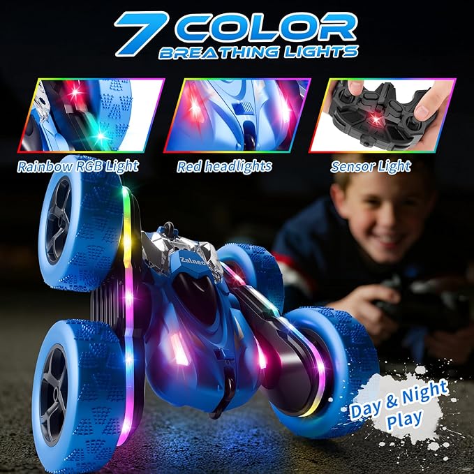 Remote Control Stunt Car 4WD 360° Flip Double‑Sided RC Cars LED Light Bar USB‑C Modular Battery 2.4 GHz Outdoor Beach Toy for Boys 6‑12 Years Old Birthday &amp Christmas Kids Gift Blue