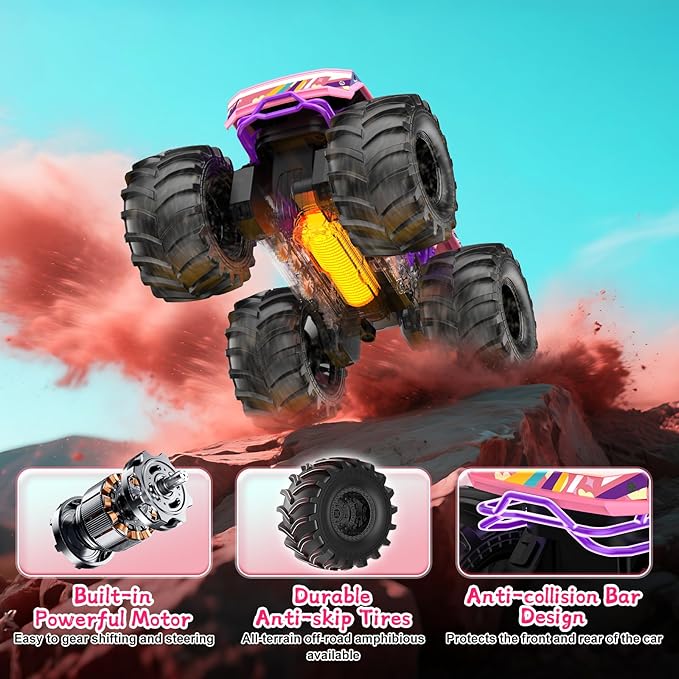 Remote Control Car for Girls1:18 Pink Monster Truck Toys Amphibious RC Cars 2.4 GHz Waterproof RC Trucks 4WD All Terrain Off-Road Pickup Girls Toys for 6-12 Year Old Kids Christmas Birthday Gifts