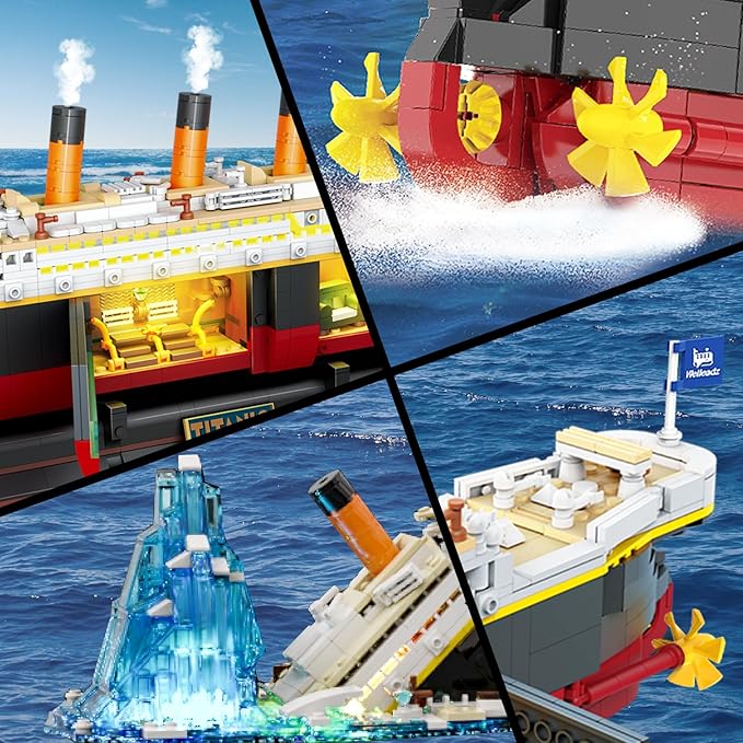 2 in 1 Titanic Building Set with Lights 1935 PCS Titanic Ship Mini Building Block Kit with Glacier Display Stand Home Decor Ship Model Birck Toy Gift for Adults Teens Boys Girls 12+