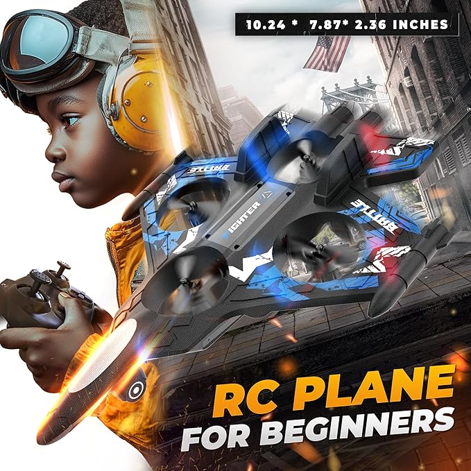 BEZGAR RC Plane | 2.4GHZ Remote Control Airplane Mini Stunt Plane Helicopter 360° Flip Fighter Jet Toy with Colorful LED Navigation Lights Blue Toys for ages 8-13