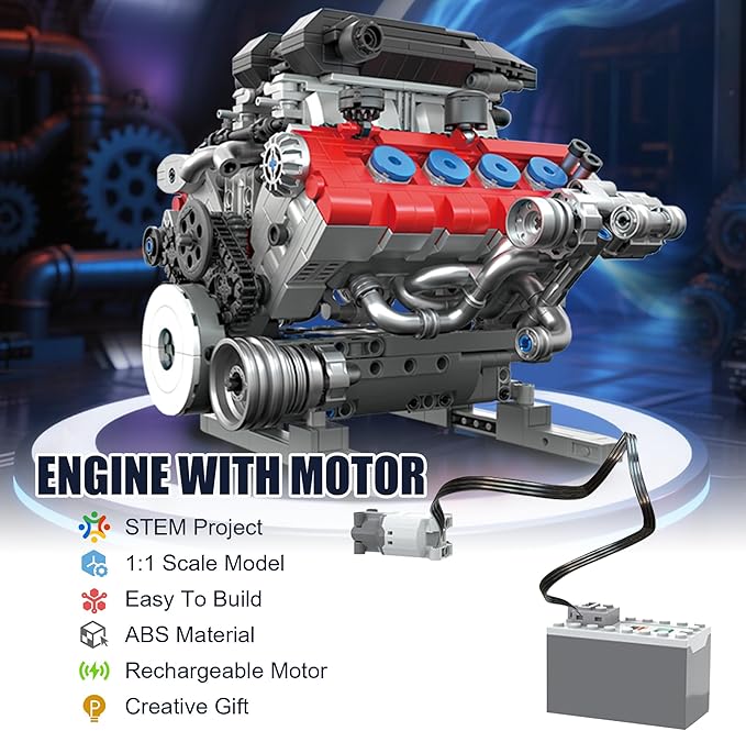 V8 Engine Building Set for Adults Build Your Own MOC Mini V8 Engine STEM Model Toy with Motor Model kit That Run Car Engine Building Blocks for Teens &amp Kids Boys (1189PCS)