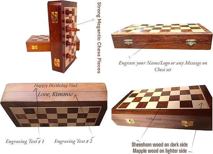 Personalized Wooden Chess Set | Magnetic Folding Travel Board with Storage Box &amp 2 Extra Queens (16 inch x 16 inch)