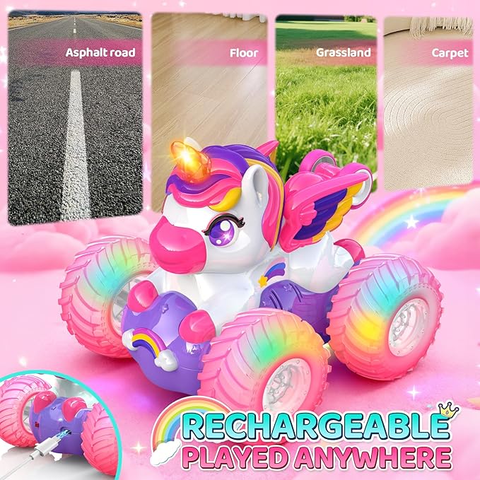 Unicorn Remote Control Car for Girls360° Rotating 4WD Stunt RC Cars with LightsPink Car Toys for KidsFun Indoor/Outdoor Toys Ideal Chritmas Birthday Gift for 3 4 5 6 7 8 Year Old Girl