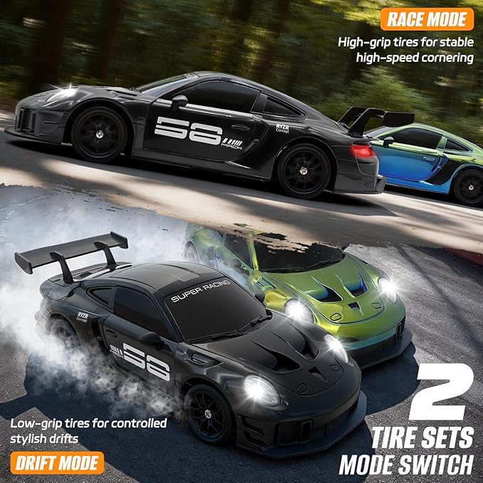 RC Drift Car 1:24 4WD Remote Control Cars Vehicle with LED Light2.4GHz 20KM/H High Speed RC Cars with Two Batteries &amp Drifting Tires Racing Sport Toy for Adults Boys Girls Kids Black