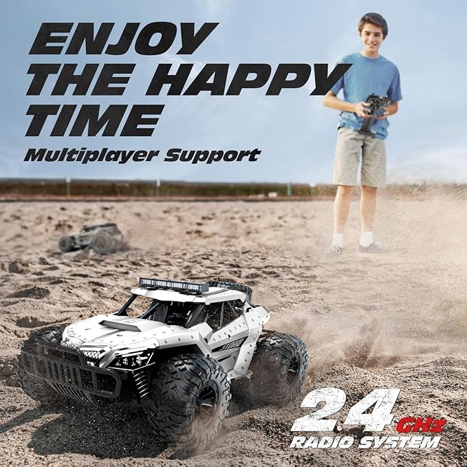 Tecnock RC Car 1/16 Scale Remote Control Car for Boys High Speed 20 Km/h All Terrains Rc Monster Truck with Two Rechargeable Batteries &amp Head Chassis Lights Gift Toy for Kids Adults Silver
