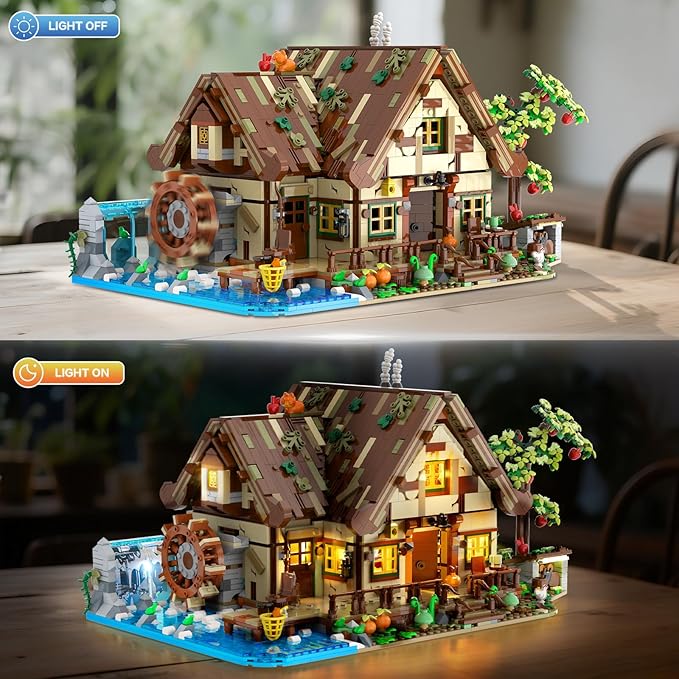 Wood Cabin Mini Building Set with Lights Forest House Building Block Kit with Animals Stream Waterwheel 2570 PCS Treehouse Construction Model Toy Collection for Adults Teens Boys Girls 12+