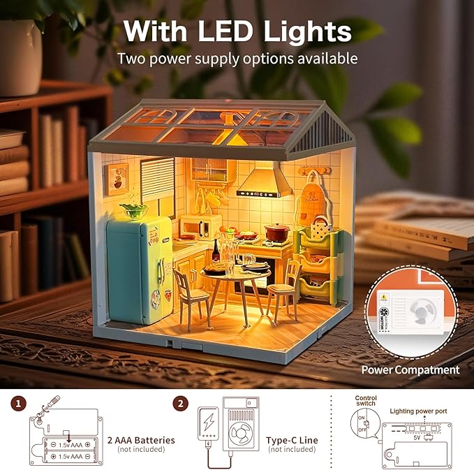 LED Building Blocks for Adults 1:24 DIY Miniature Dollhouse Kits with Roof &amp Dustproof Cover Tiny House Toy Building Sets for Kids Ages 8-12-15 Birthday Hobbies Gift for Men Women Boy Girl