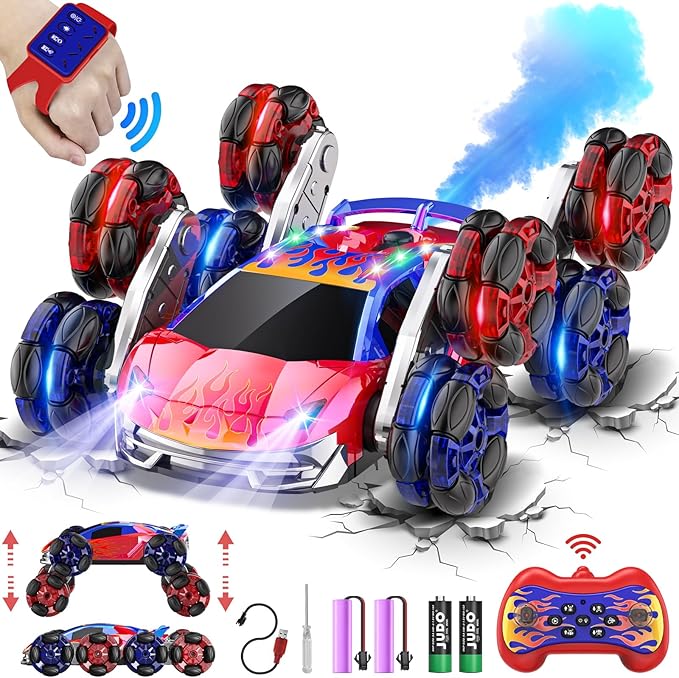 8WD Remote Control Car2.4GHz Gesture Sensing RC Stunt CarCool Spray Rotation RC Car with Lights and MusicAll Terrain Toys for Kids Ages 7 Birthday Gifts for Boys Girls(Red)