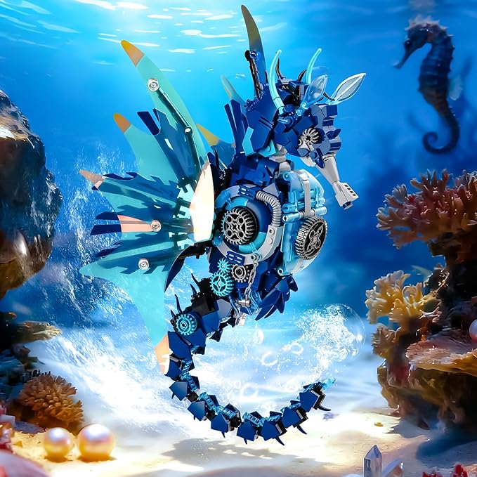BNG Mechanical Seahorse Building Set for AdultMovable Ocean Animal with Display StandSea Fish Building Block ToyHome Decor Gift for Adults Teens Kids Boys Ages 8+(1003PCS)