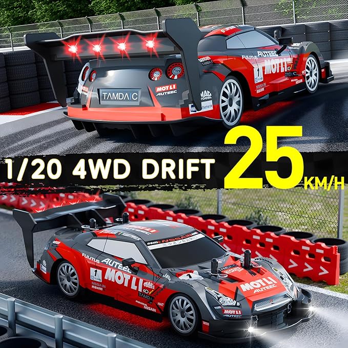 1:20 RC Drift Car for Kids4WD 2.4GHz 30KM/H High Speed Remote Control Car Racing Sport Toy Car with LED LightsDrifting Tires＆2 Batteries (Red 01)