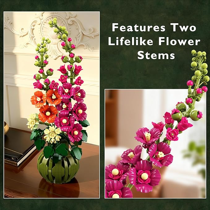 Flowers Botanicals Alcea Rosea Building Set for Adults - Artificial Bonsai Plant for Home Office Décor 974PCS Flower Building Block Indoor Decoration Birthday Easter Gift for Wife Women