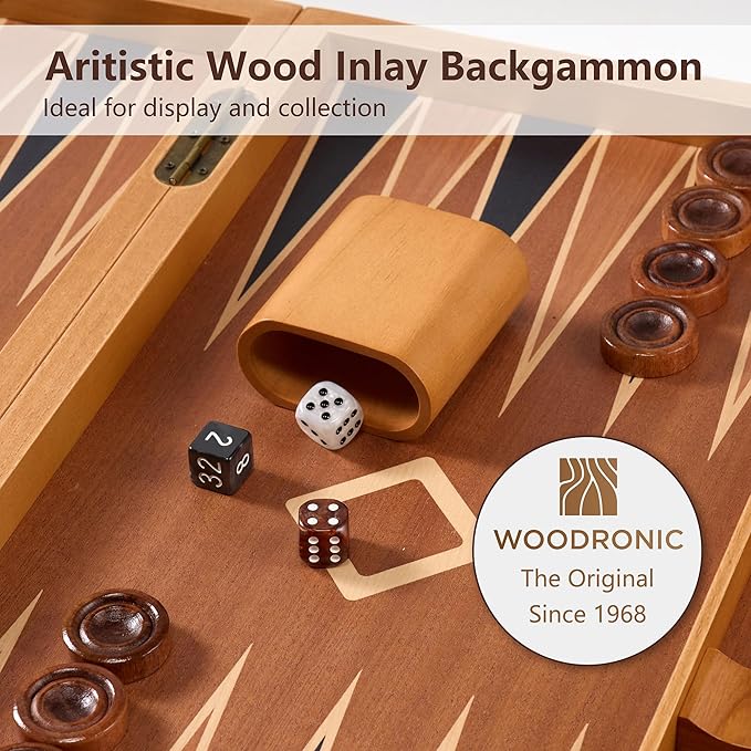 Wood Backgammon Set for Adults – 17 Inch Classic Strategy Board Game Case - Premium Folding Backgammon Set with Wooden Playing Pieces Dices - Portable Wood Inlaid Travel Backgammon Game Set