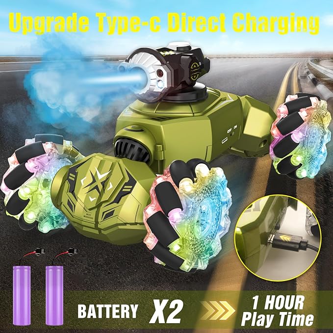 Gesture Sensing Remote Control Car RC Cars Toys for Boys Age 6-12 4WD Hand Controlled Twist &amp Transform 360° Spins Stunt Car with Mist Light &amp Music 8-10 Year Old Boys Birthday Gift Green