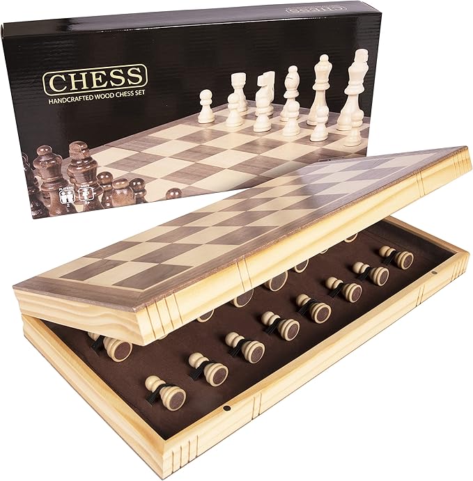 Premium Wooden Chess Set 15.7 Inches Chess Board Game Set for Adults - Folding Board - Pieces Storage Slots Handmade Portable Travel Chess Game - Beginner Chess Set for Kids 6 up Age