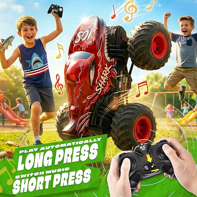 BEZGAR Monster Truck Toys - Remote Control Monster Truck with Light &amp Music Dinosaur Toys for Kids 1:20 Scale RC Truck with 360° Spins and Drifting Remote Control Car for Boys 4-7 Red