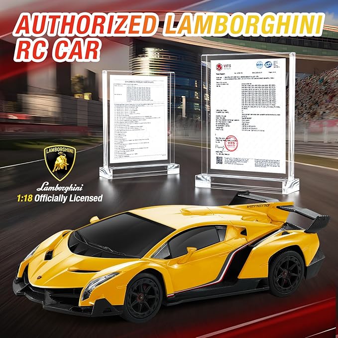 Lamborghini Remote Control Car for Boys 3-7 1:18 Scale Lambo Toy Car Official LicensedRC Drift Car 20Km/h with LED Lights 2.4GHz RC Cars for Adults Boys Girls 8-12 Birthday Gifts (Yellow)