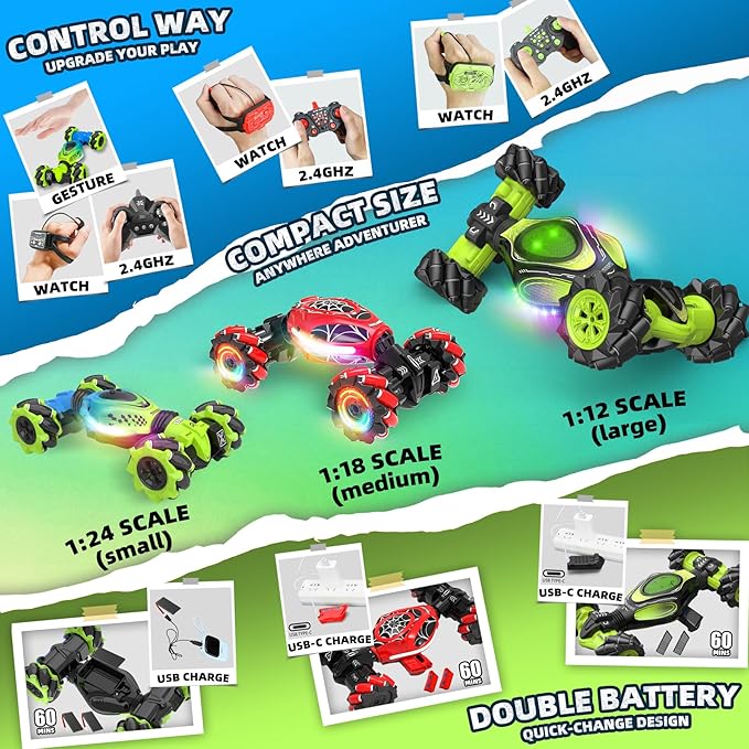 Gesture Sensing RC Stunt Car Boys Toys Age 6-8-12 4WD Hand Controlled Remote Control Twist Car with Light Music Cool Birthday Presents and Ideas Gifts for Kids Age 7 9 10 11 12 Years Old